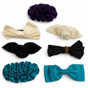 VTG Fabric Hair Barrette Lot 7 Bow Floral Ruffle Clips Purple Cream Teal Black